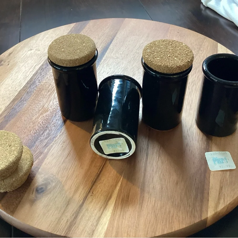 Pier 1 Italy set (4) ceramic spice jars with cork stoppers.